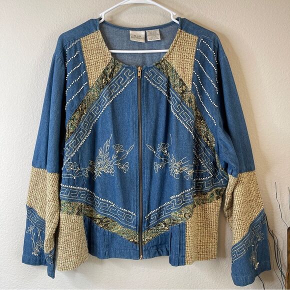 Tapestry Denim Swing Shacket Tweed Trim Pearls Zipper Front Vintage 2X - Picture 1 of 8